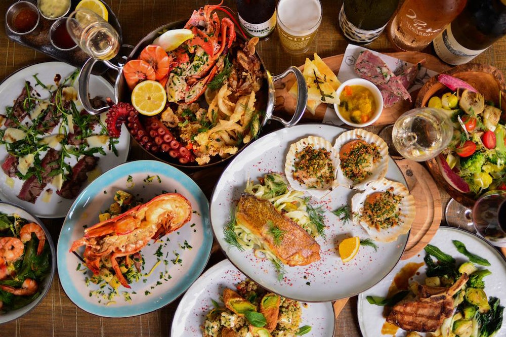 Bathers seafood spread on table